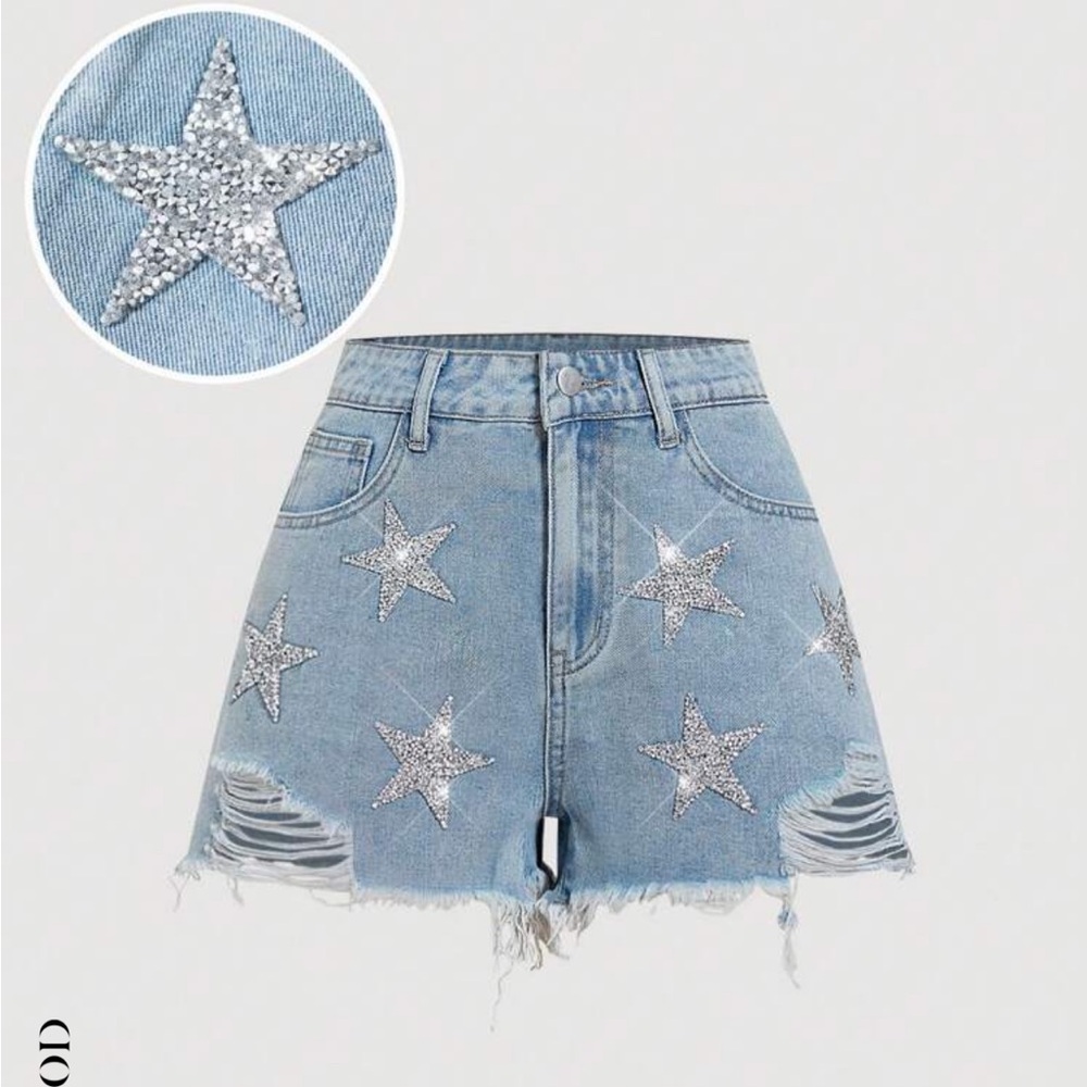 SHEIN Blue Denim Shorts with Silver Stars